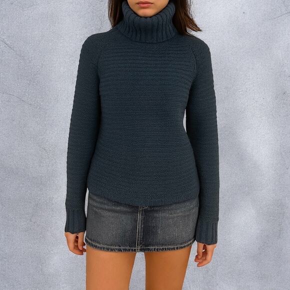 360 Cashmere 100% Cashmere Blue Boxy Chunky Knit Turtleneck Sweater XS - Picture 1 of 10